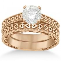 Carved Engagement Ring with Wedding Band Bridal Set in 14K Rose Gold