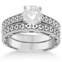 Carved Engagement Ring with Wedding Band Bridal Set in Palladium