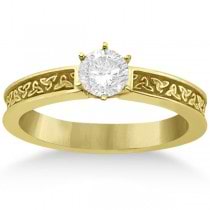 Carved Irish Celtic Engagement Ring & Wedding Band Set 14K Yellow Gold
