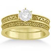 Carved Irish Celtic Engagement Ring & Wedding Band Set 18K Yellow Gold