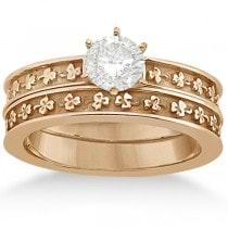 Carved Clover Engagement Ring & Wedding Band Bridal Set 14K Rose Gold