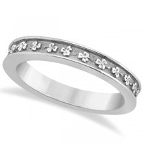 Carved Clover Engagement Ring & Wedding Band Bridal Set 14K White Gold