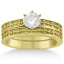 Carved Cross Engagement Ring & Band Wedding Set in 14K Yellow Gold