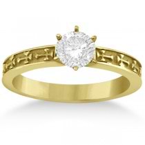Carved Cross Engagement Ring & Band Wedding Set in 14K Yellow Gold