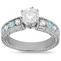 Antique Diamond & Aquamarine Engagement Ring 14k White Gold (0.75ct)
