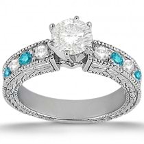 White & Blue Diamond Vintage Engagement Ring 14K White Gold 0.70ct