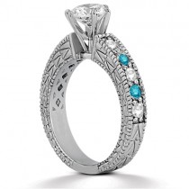 White & Blue Diamond Vintage Engagement Ring 14K White Gold 0.70ct