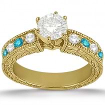 White and Blue Diamond Vintage Engagement Ring 14k Yellow Gold 0.70ct