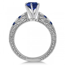 Diamond & Blue Sapphire Vintage Engagement Ring in 14k White Gold (1.75ct)
