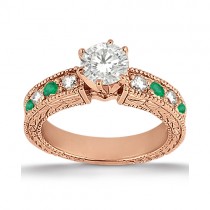 Antique Diamond & Emerald Engagement Ring 14k Rose Gold (0.72ct)
