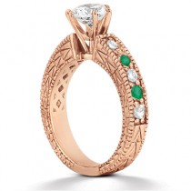 Antique Diamond & Emerald Engagement Ring 14k Rose Gold (0.72ct)