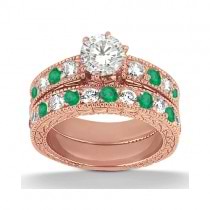 Antique Diamond & Emerald Bridal Set 18k Rose Gold (1.75ct)