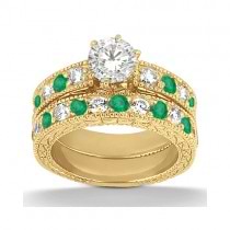 Antique Diamond & Emerald Bridal Set 18k Yellow Gold (1.75ct)