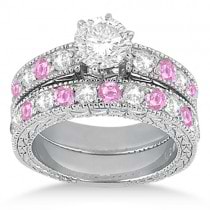 Antique Diamond & Pink Sapphire Bridal Set 14k White Gold (1.80ct)