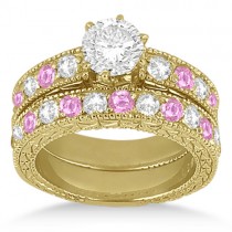 Antique Diamond & Pink Sapphire Bridal Set 14k Yellow Gold (1.80ct)