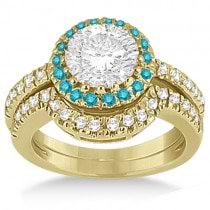 Halo Blue Diamond Engagement Ring Bridal Set 14k Yellow Gold (0.51ct)