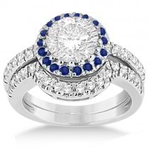 Halo Blue Sapphire & Diamond Bridal Set 14k White Gold (0.65ct)