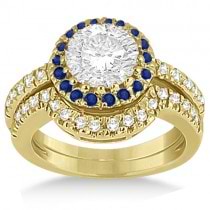 Halo Blue Sapphire & Diamond Bridal Set 14k Yellow Gold (0.65ct)