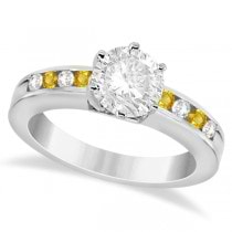 Channel Diamond & Yellow Sapphire Engagement Ring 18K W Gold (0.40ct)