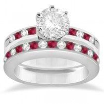 Semi-Eternity Ruby Gemstone & Diamond Bridal Set 14K White Gold 0.96ct