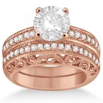 Vintage Filigree Diamond Bridal Ring Set 14K Rose Gold (0.64ct)