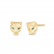 Panther Green Enamal Stud Earrings in 14k Yellow Gold