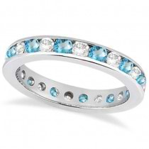Channel-Set Blue Topaz & Diamond Eternity Ring 14k White Gold (1.50ct)