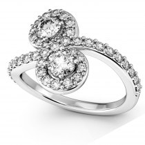 Diamond Halo Accented Curved Two Stone Ring 18k White Gold (1.27ct)