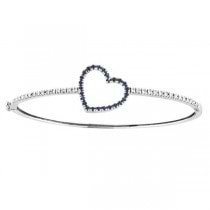 Blue Sapphire & Diamond Heart Bangle Bracelet 14k White Gold (1.00ctw)