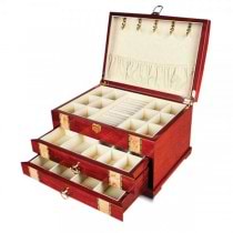 Women's Velvet Lined Drawers Ring Rolls Red Inlaid Wood Jewelry Box