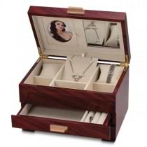 Women's Mahogany Finish Jewelry Box with Ring Rolls & Drawers