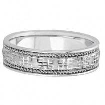 Men's Wide Handmade Vintage Carved Wedding Ring 14k White Gold (6mm)