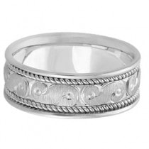 Men's Fancy Hand Made Carved Wedding Ring Band 14k White Gold (8mm)