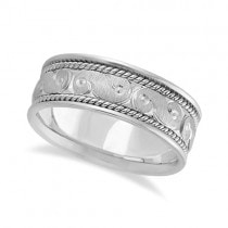 Men's Fancy Hand Made Carved Wedding Ring Band 18k White Gold (8mm)