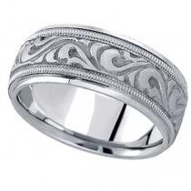 Antique Style Hand Made Wedding Band in 14k White Gold (9.5mm)
