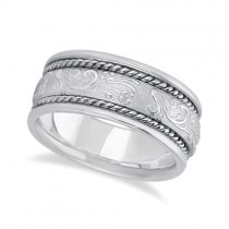 Men's Fancy Satin Finish Carved Wedding Ring 14k White Gold (8.5mm)