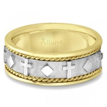 Handmade Wedding Band With Crosses in 18k Two-Tone Gold (8.5mm)