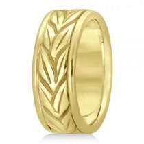 Men's Carved Leaf Antique Style Wedding Band 14k Yellow Gold 8mm