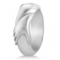 Unisex Wedding Band Friendship Ring Carved Hand Design 14K White Gold