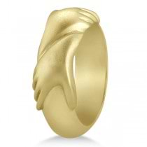 Unisex Wedding Band Friendship Ring Carved Hand Design 18K Yellow Gold