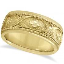 Flower Design Hand-Carved Eternity Wedding Band in 14k Yellow Gold