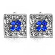 Square Shaped Blue Sapphire & Diamond Earrings 14k White Gold 0.75ct