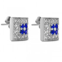 Square Shaped Blue Sapphire & Diamond Earrings 14k White Gold 0.75ct