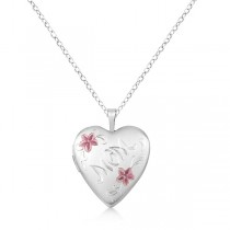 Heart Shaped Mom Engraved Flower Pendant Locket Sterling Silver