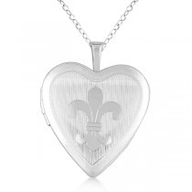 Vintage Heart Shaped Fleur De Lis Locket Necklace Sterling Silver