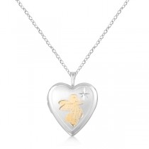 Heart Pendant Locket Necklace w/ Angel & Star Design Sterling Silver