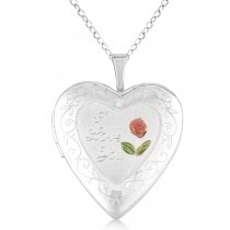 Heart Shaped I Love You Necklace Locket w/ Flower Sterling Silver