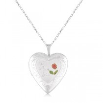 Heart Shaped I Love You Necklace Locket w/ Flower Sterling Silver