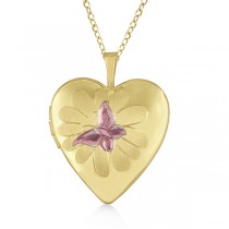 Heart Shaped Butterfly Design Pendant Locket w/ Flower Gold Vermeil