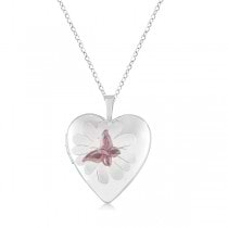 Heart Shaped Butterfly Design Pendant Locket w/ Flower Sterling Silver